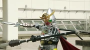 Gaim Kiwami Arms dual wielding the original Kagematsu and upgraded Kagematsu Shin