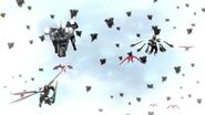 Psyga, Blade, Garren and several flying riders in the sky just before they were shot by Decade.