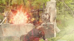 Jogen's transformation effect unleashing a burst of heat and fire.