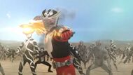 Ryuki using the Strike Vent's attack, the Drag Claw.