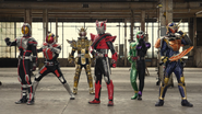 Faiz, Den-O, Drive, Double and Gaim being summoned