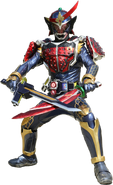 Bujin Gaim Blood Orange Arms wielding the Musou Saber and Blood Daidaimaru