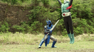 Hydro Stream + Rider Kick (Step 1: Kamen Rider 1 jumping)