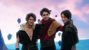 Legeiel smiling with his companions upon arriving in the Wonder World.