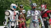Lupin, as a heroic Kamen Rider, fighting alongside Drive, Mach, and Chaser.