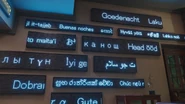LED boards saying "Good morning" and "Goodnight" in multiple languages.