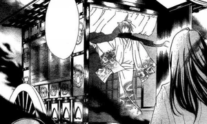 Tomoe montado en el carro de niebla.