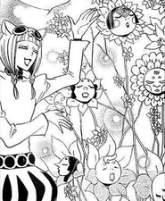 Kirakaburi mostrando a Akura-ou los arreglos florales que encargó.