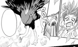 Tomoe transforma a Kurama en un avestruz con su Hoja Mágica.