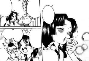 Yukiji y Suke bebiendo el sake que trajo Nanami del futuro.