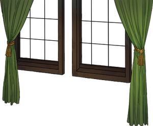 Window with green curtain