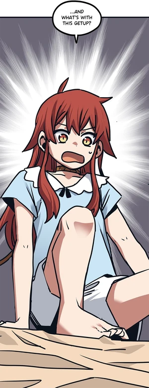 Arin is wearing a blue one-piece dress with lace and a Leather Neckband