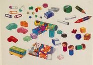 Concept art depicting various items.