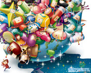 A Katamari Forever wallpaper showing twinkle and his cousins rolled up by the Prince