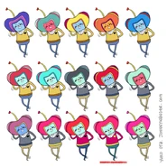 A piece of concept art that depicts multiple conceptual color palettes for Namco High Cousin. The body shape also seems to either have not been finalized at this point but the possibility that these were slightly rough drawings is still a possibility. (Art by Yuko Ota)