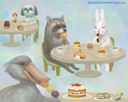 The Prince at a restaurant with a shoebill, a raccoon, a shih-tzu, and a bunny.