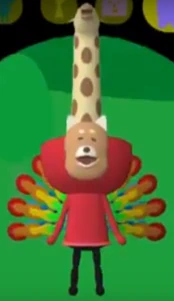 Miso wearing the Giraffe, Mask, and Peacock