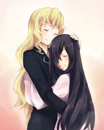 Lilly giving a hug to Hanako