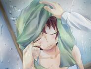 Hisao secando el cabello de Rin mientras acaricia su mejilla.