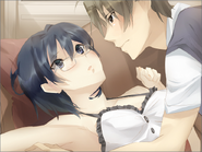 Shizune accidentally pulls Hisao when reaching for her glass