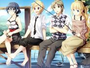 Shizune y Lilly pescando, con Hisao y Akira mirando.