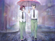 Hisao sharing an umbrella with Rin