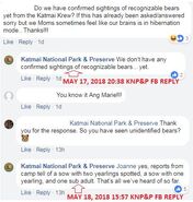 KNP&P Facebook post replies May 17, 2018 20:38 and May 18, 2018 15:57 re: bears observed at Brooks Camp to date