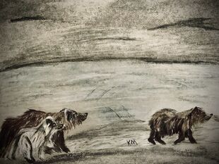 719 and her 2 spring cubs June 16, 2020 pencil and chalk drawing by Kam inspired by Ranger Naomi Boak's June 15, 2020 photo