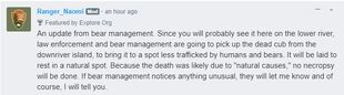 803 INFO 2020.07.08 11.34 KNP&P RANGER NAOMI BOAK COMMENT re 803s DECEASED CUBs REMAINS BEING RELOCATED BY PARK STAFF