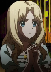 Side view of Elena as she praises for Mokichi's safety