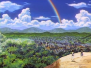 Sanosuke and Yahiko looking at the rainbow in the city