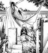 Kenshin brings flowers to Tomoe's grave for the first time, accompanied by his master Hiko Seijūrō XIII.