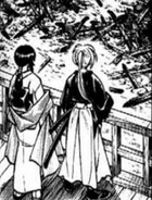 Tomoe and Kenshin about to leave Kyoto together.