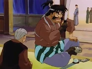 Heizō talking to the townspeople about his past as Battousai