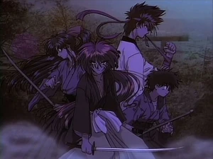 The 4 core members of the Kenshingumi: Kenshin, Kaoru, Sanosuke and Yahiko