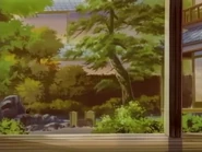 A view of the interior garden in the Aoiya at dusk