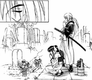 Kenshin and Kamiya Kaoru visit Tomoe's grave.