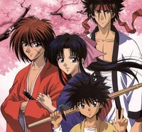 Himura Kenshin, Kamiya Kaoru, Sagara Sanosuke, and Myōjin Yahiko