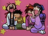 Kenshin, Kaoru and Sanosuke laughing at Yahiko