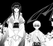 Tomoe's first Manga appearance, in Himura Kenshin's hallucination of her with her younger brother Yukishiro Enishi.