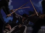 Kenshin defending Yutarō from the Black Kinght's attacks