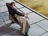 Saitō prepares to attack Sanosuke with the Gatotsu