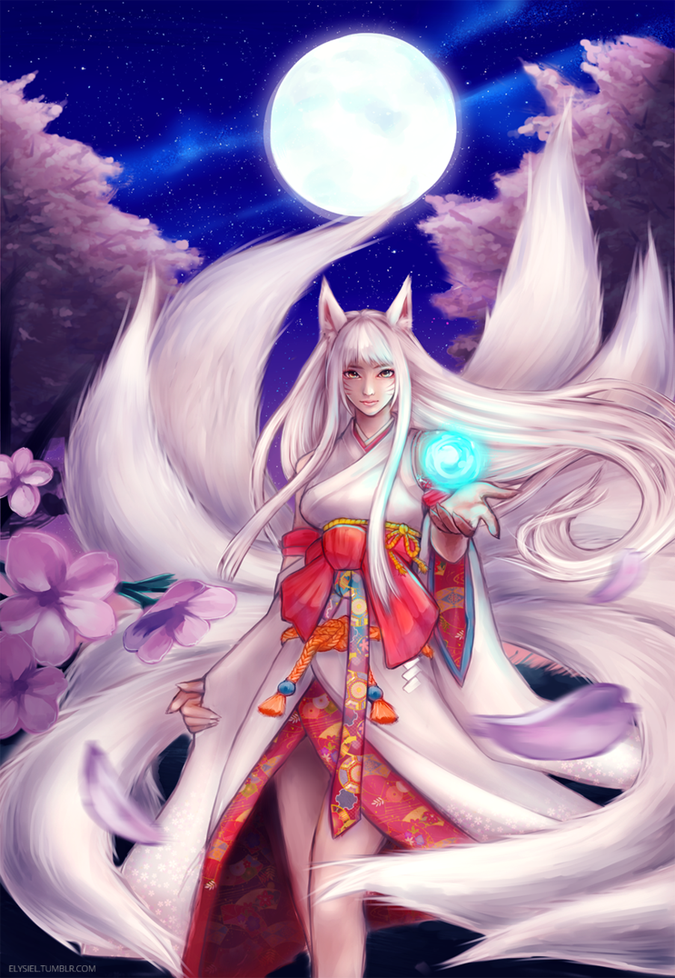 Nine tailed fox kitsune spirit in a form of human kimono girl