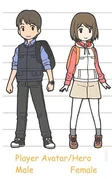 Concept art for the nameless Player Avatars, both male and female. The two designs were only revealed by concept art in the 4th anime Guidebook and weren't visible in the game.