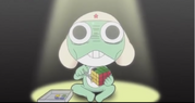 Keroro going crazy when cheating his way through solving a Rubriks Cube.