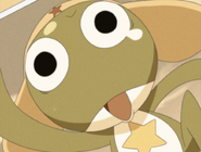 An image of Keroro running away from Natsumi.