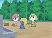Chibi Keroro, Chibi Pururu and Chibi Zeroro gathering in the school yard, as shown in anime episode 230b.