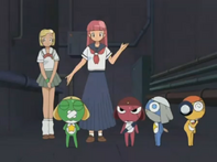 The Keroro Platoon (excluding Tamama) with Natsumi and Angol Mois.