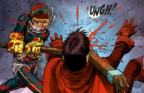 Kick-Ass bashes Chris's face with a chair leg.