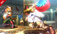 Pit a punto de golpear a Fox con el Brazal radial en Super Smash Bros. (3DS/Wii U)